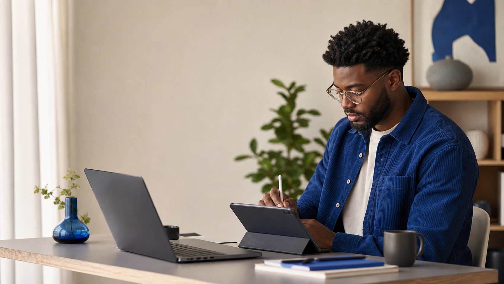 A digital creator working with a stylus, tablet and laptop at a minimalist desk.
