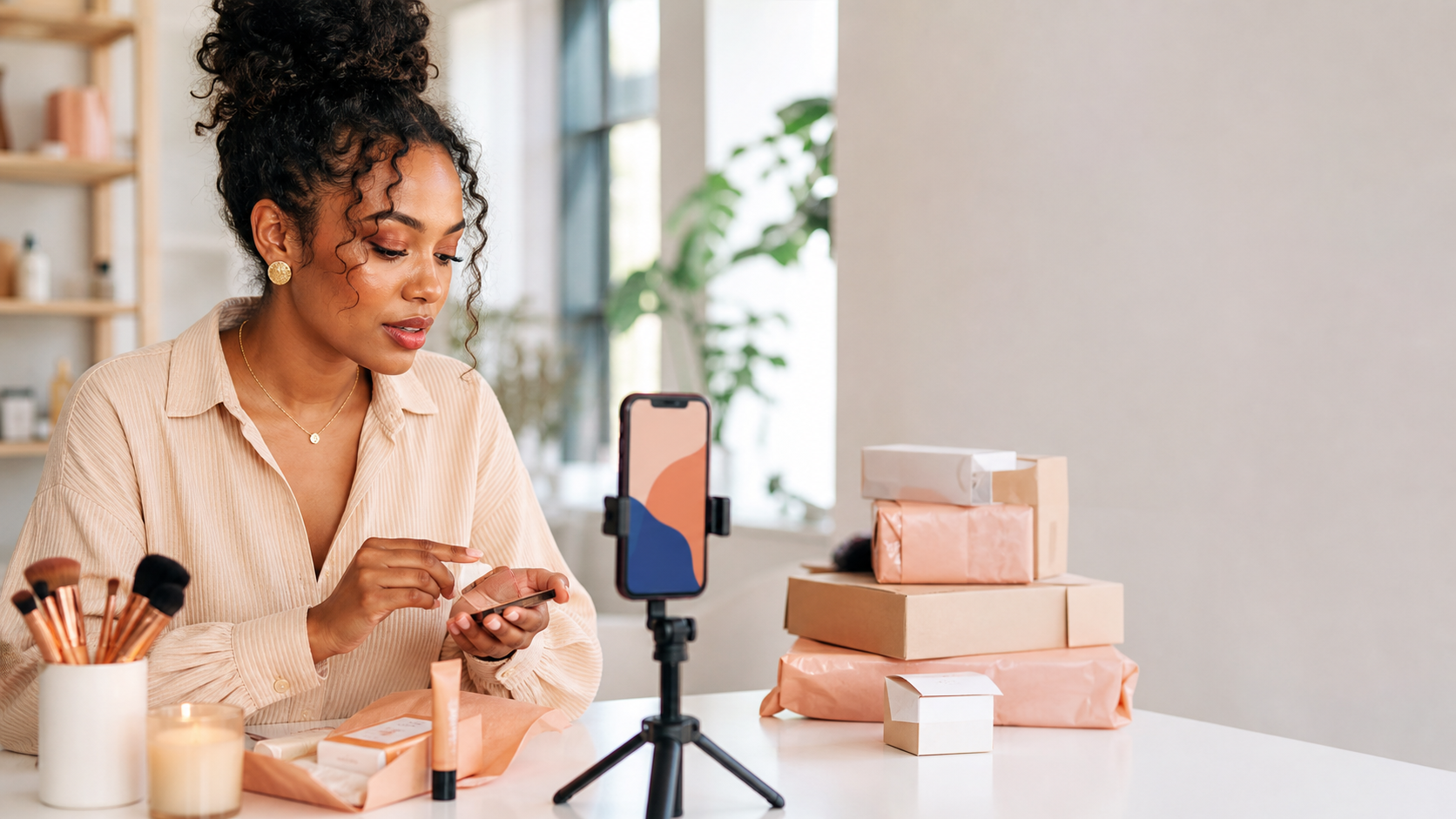 An independent beauty creator preparing product content with a phone and packaged products.