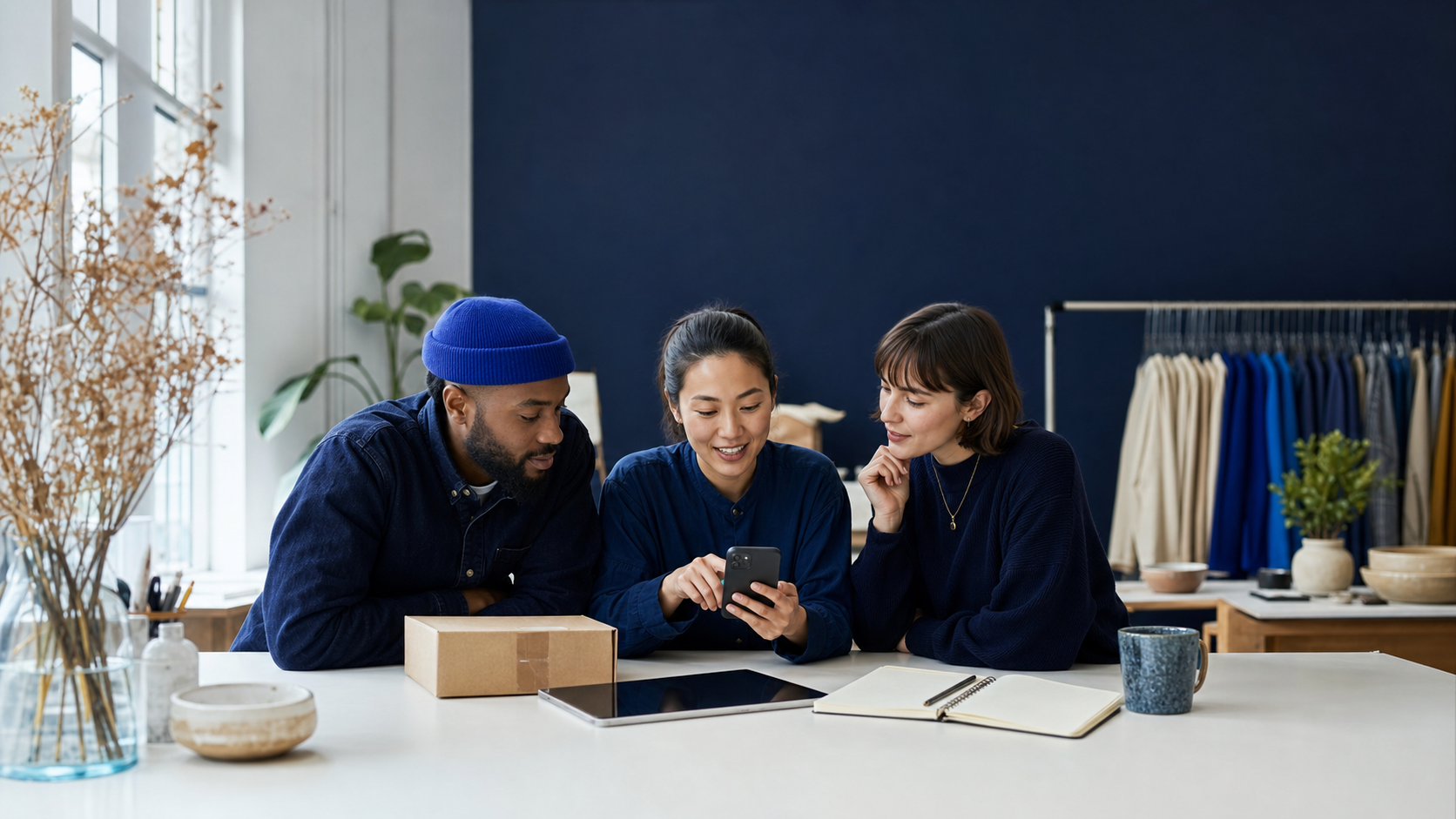 Independent merchants and creators collaborating around products, a tablet and a smartphone.