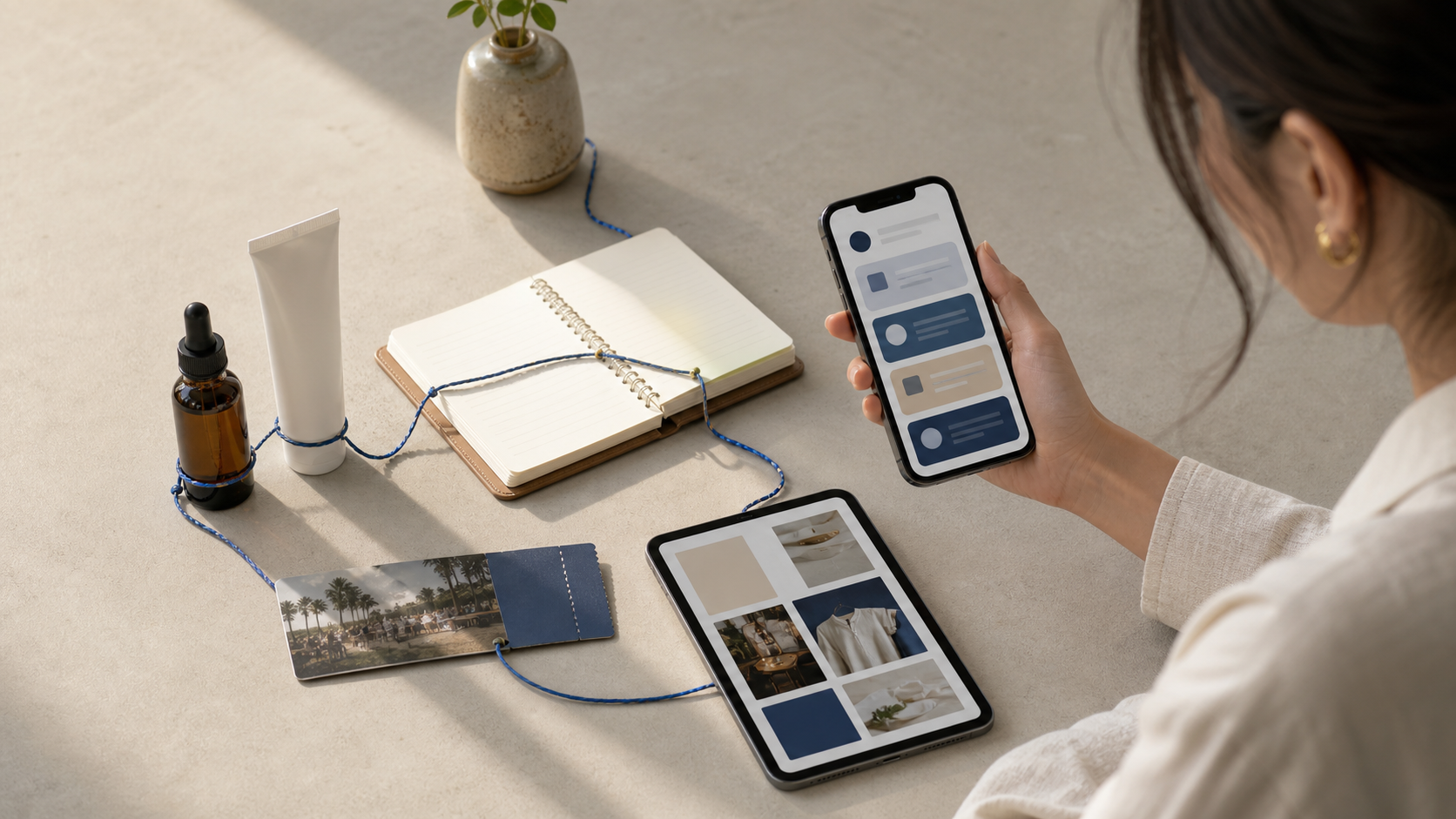 A creator holding a phone beside a product, consultation notebook and digital tablet.