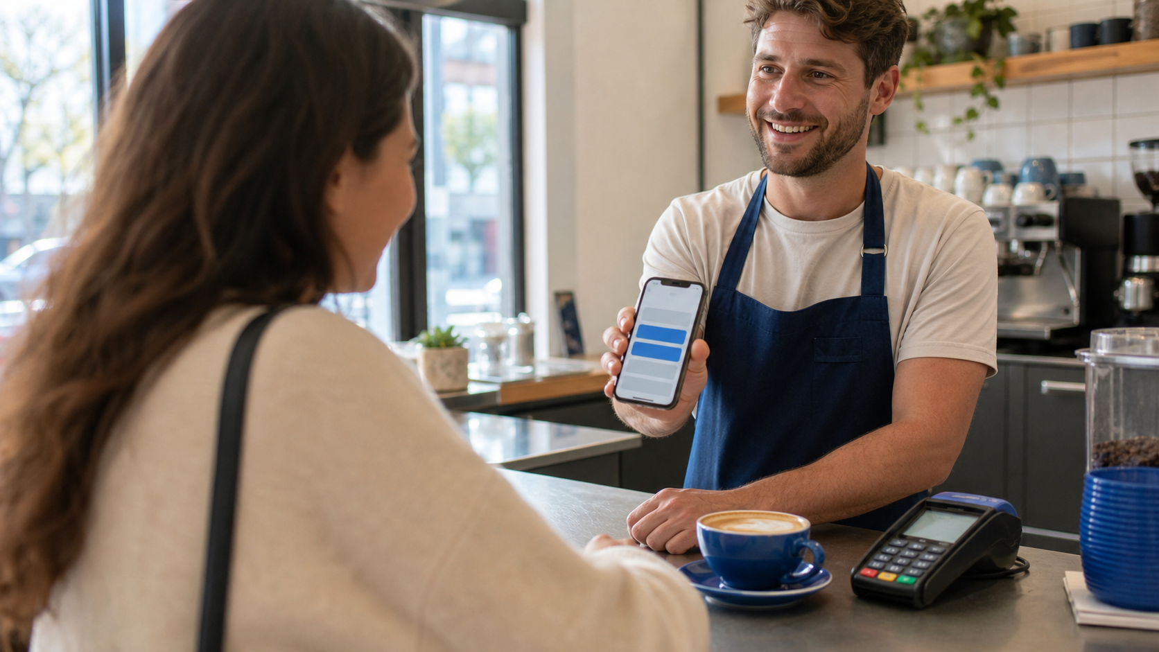 A café owner showing a customer a payment link on a smartphone.