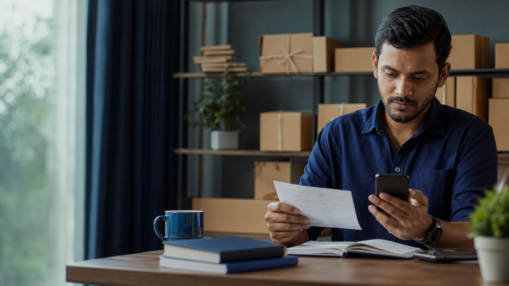 A business owner carefully reviewing an order ledger and phone at an organised desk.