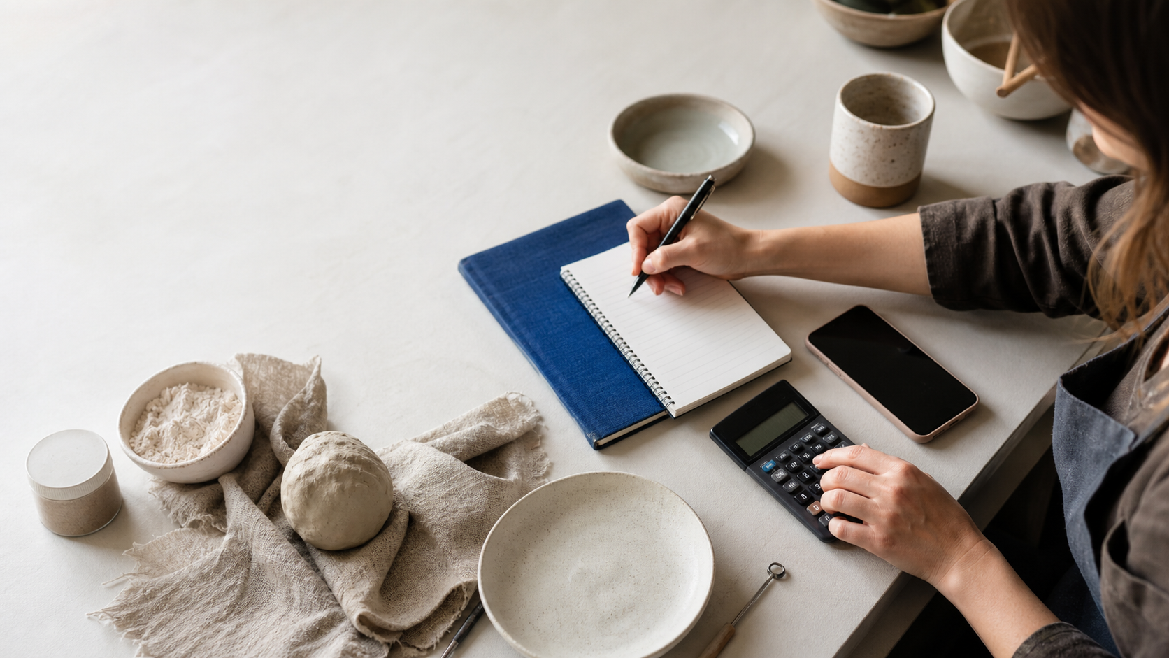 A maker calculating costs beside raw materials and a finished ceramic product.
