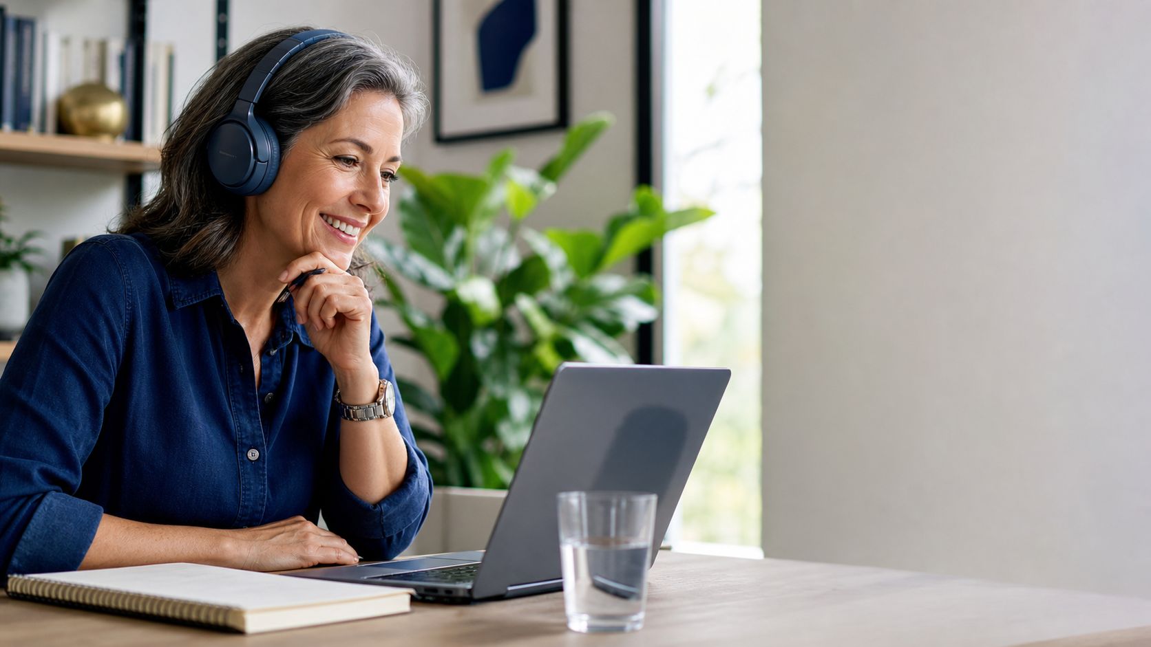 An independent consultant leading a friendly video session from a bright home office.