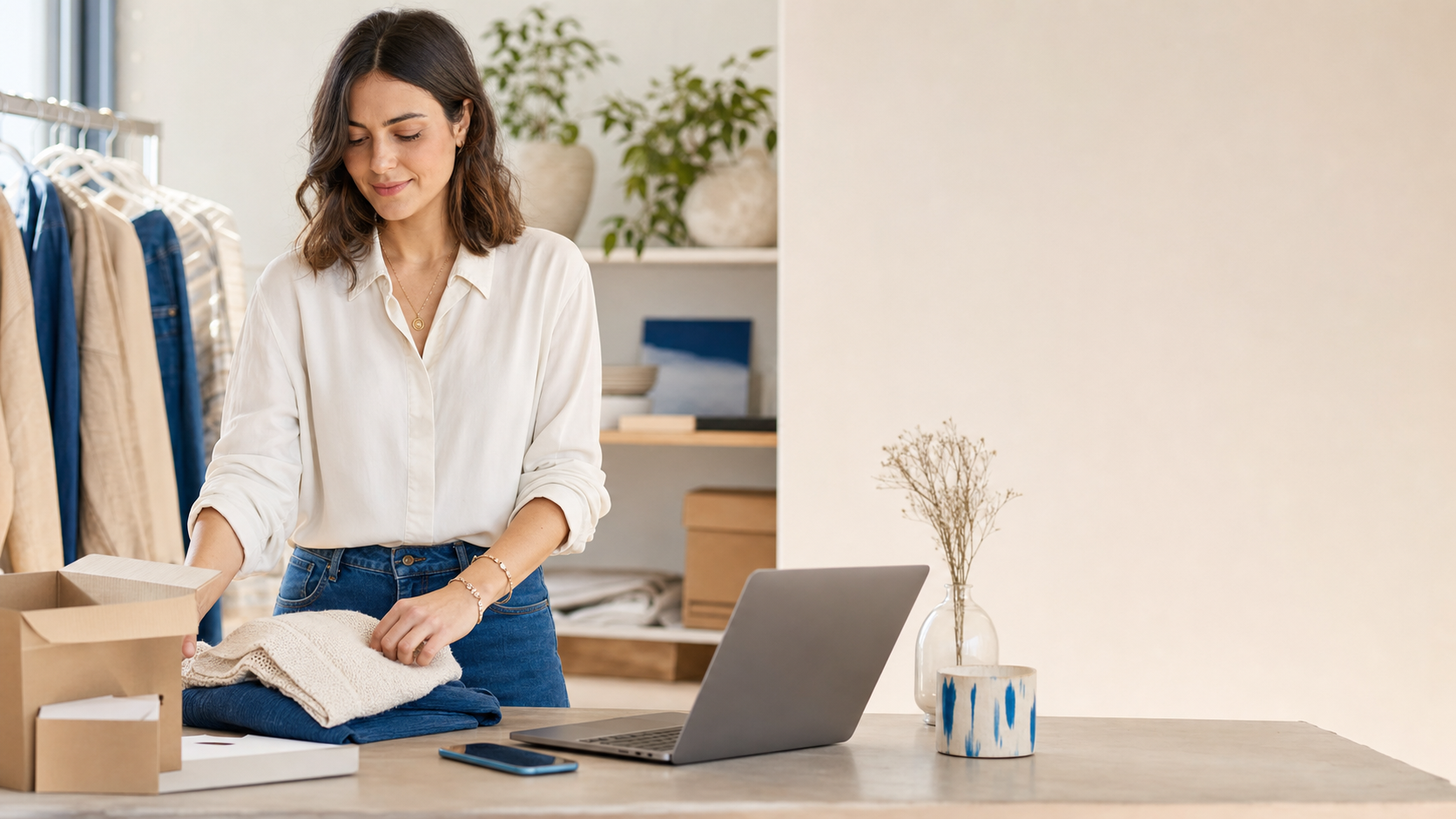 A fashion merchant arranging products beside a laptop in a bright studio.