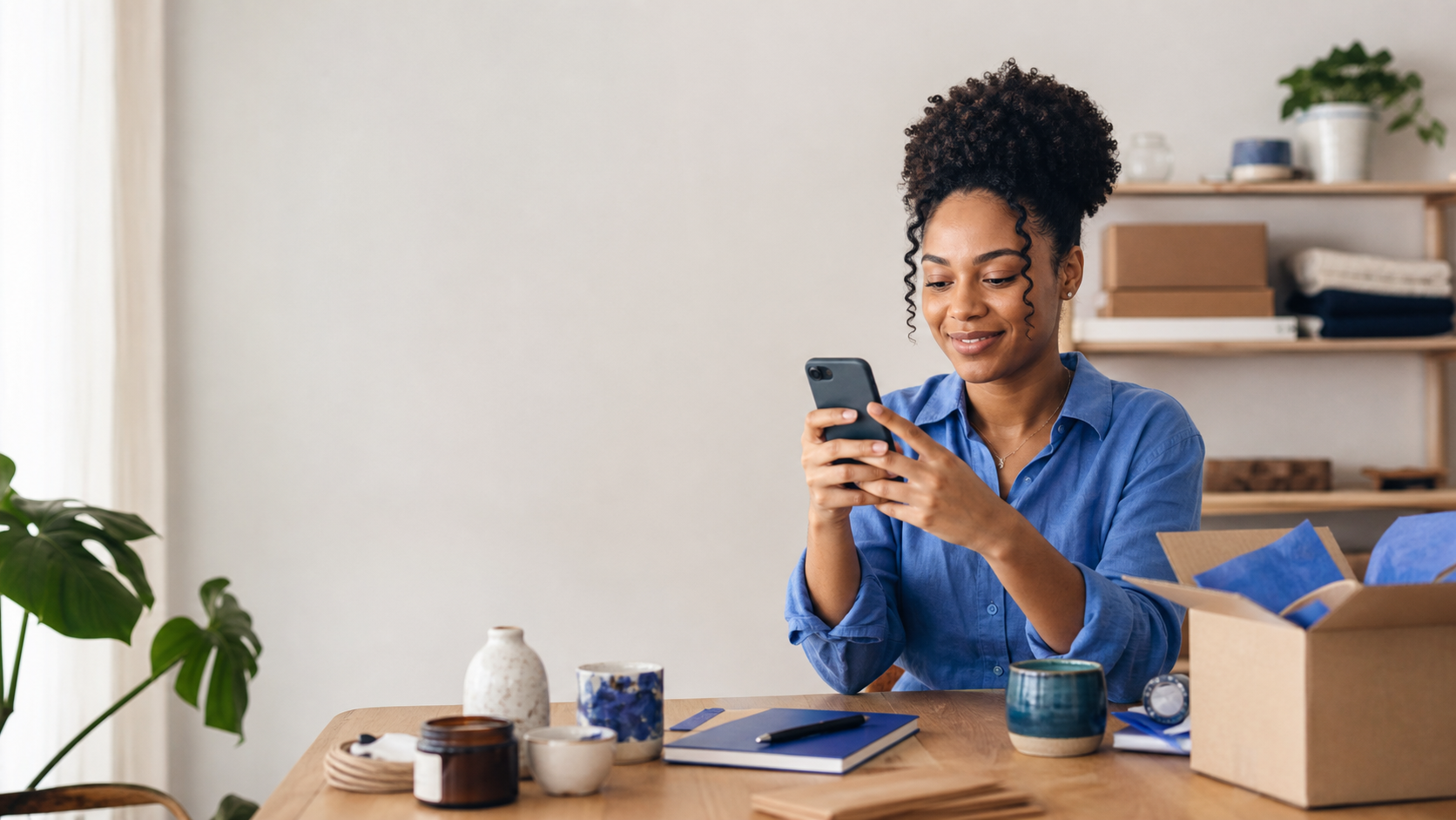 An independent seller sharing a product link from her phone at a home studio table.