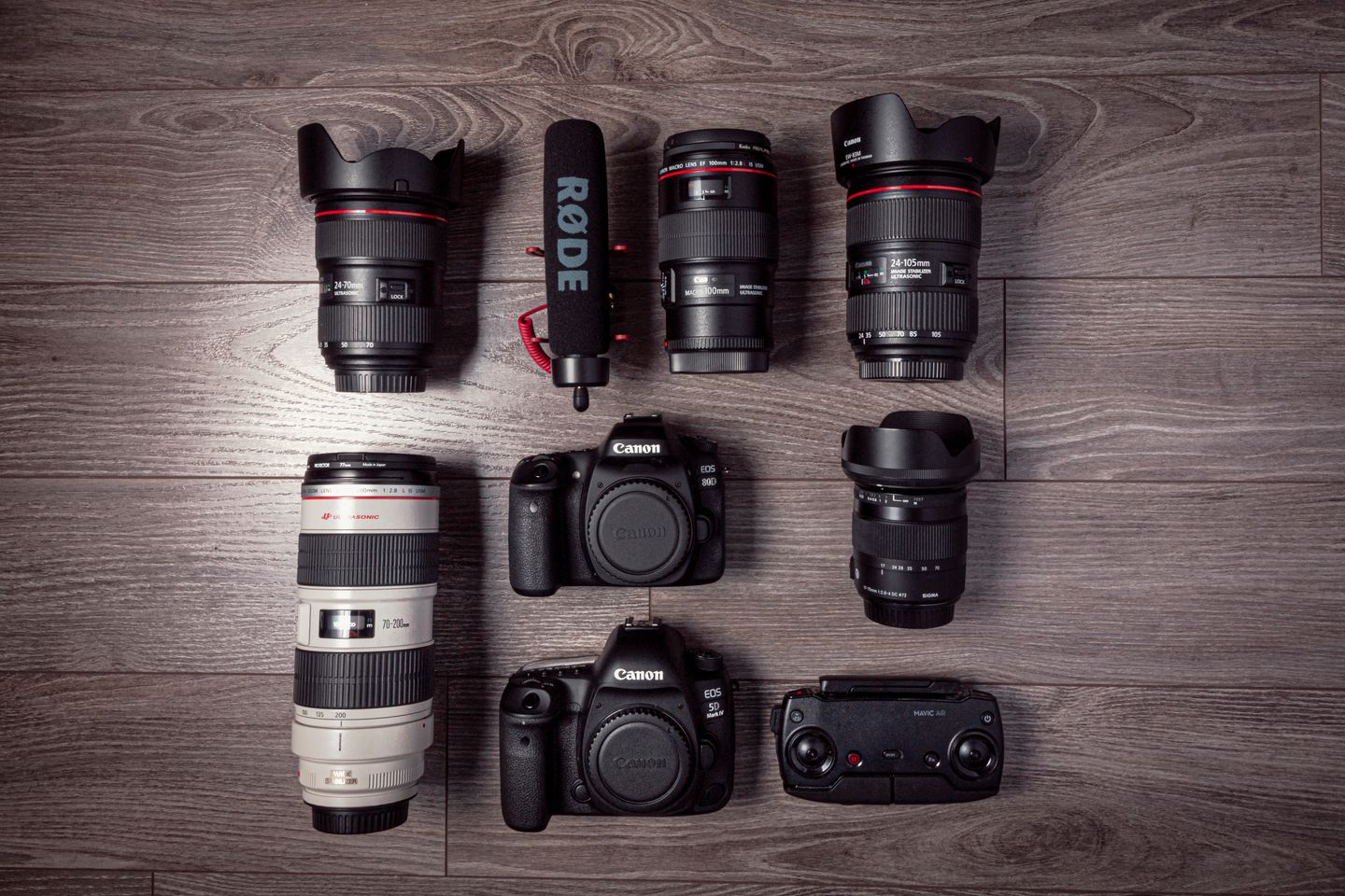 Cameras, lenses and a microphone arranged on a wooden surface.