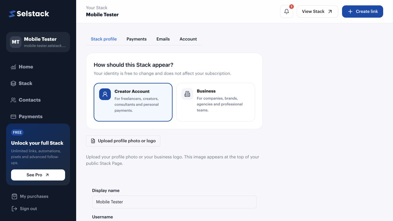 Selstack Stack profile settings with identity type, image upload, display name and username fields.