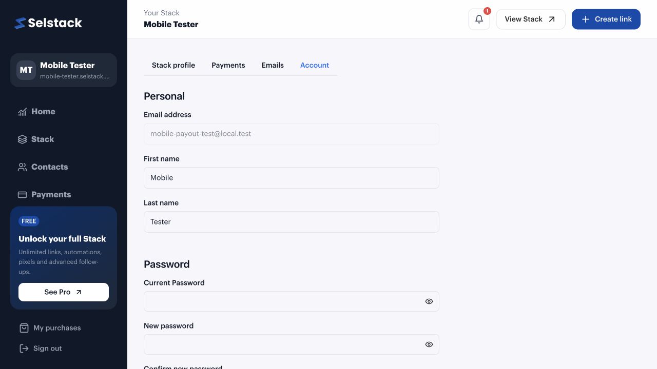 Selstack Account settings showing Personal and Password sections.