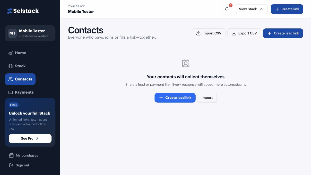 Selstack Contacts screen showing contact summary cards, search and filters.