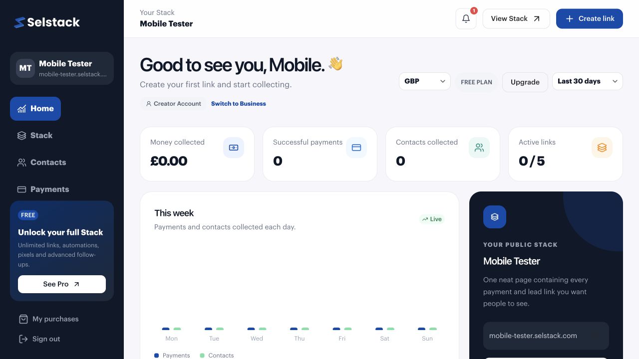 Selstack Home dashboard showing money collected, payments, contacts and active links.