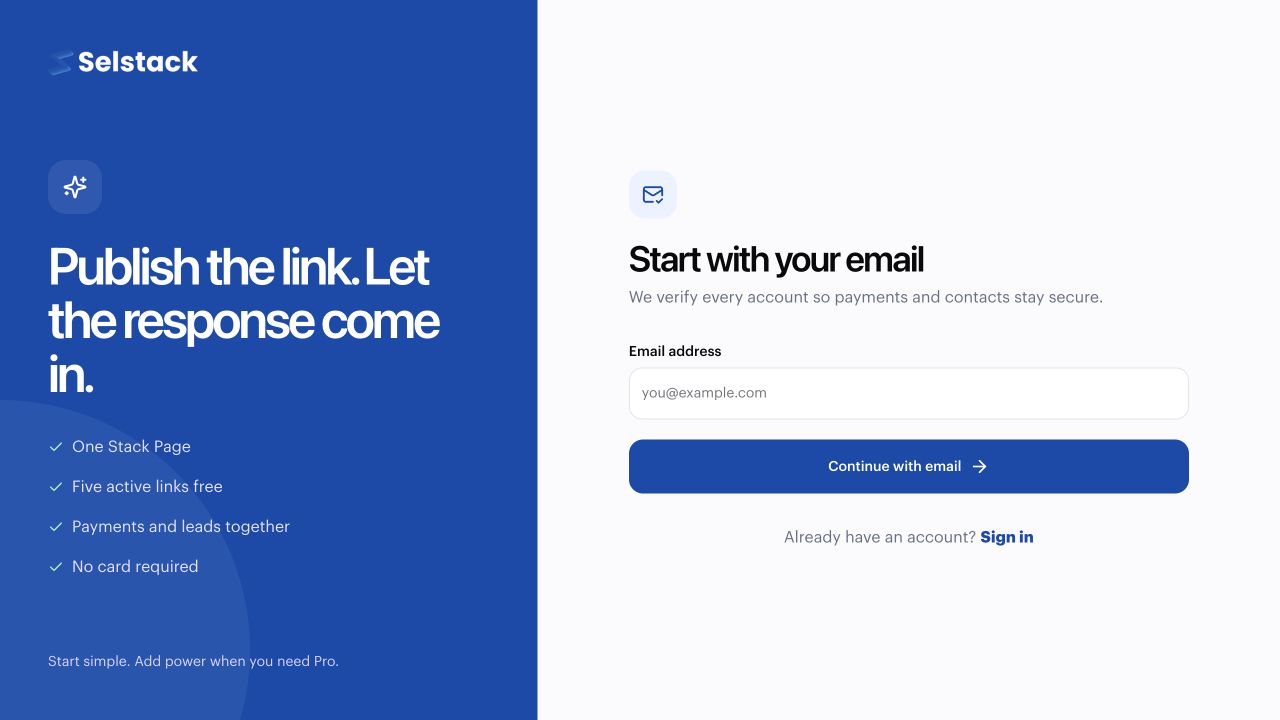 Selstack registration screen with Google and email sign-up options.
