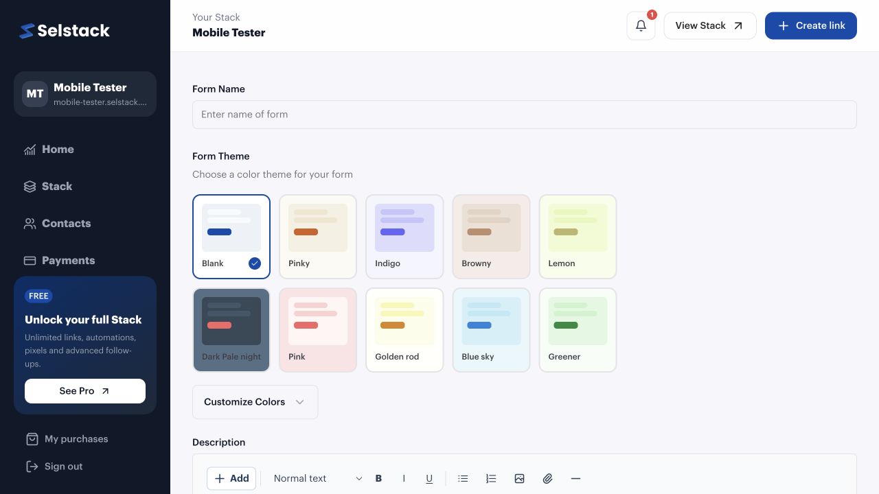 Selstack form editor showing form name, visual themes and description editor.