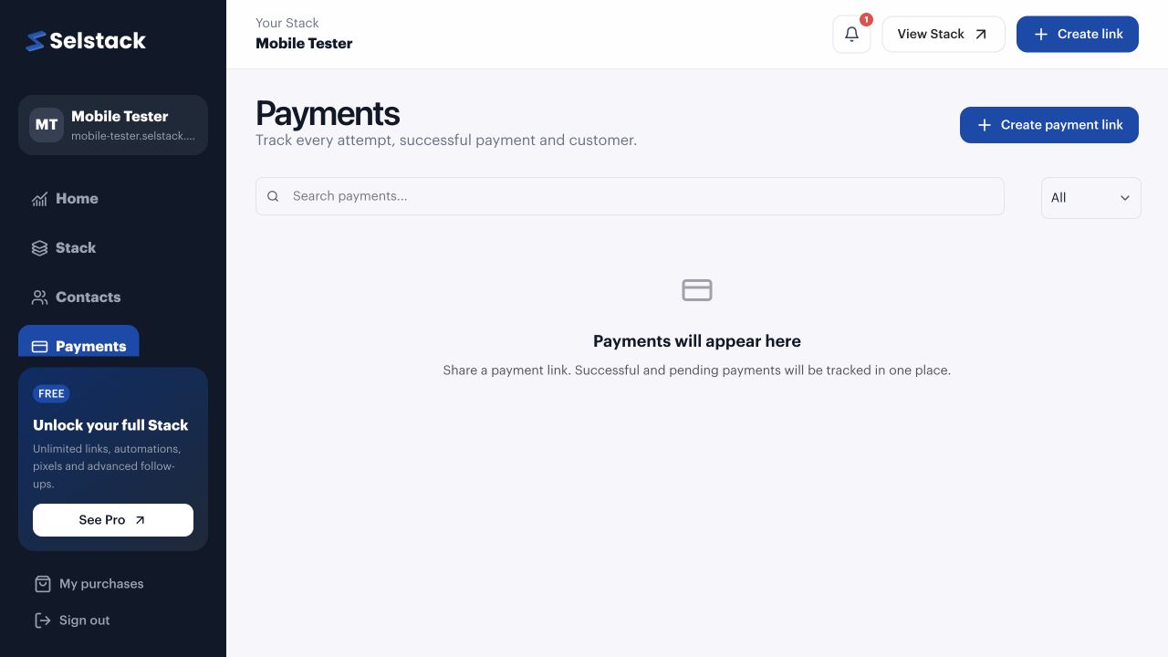Selstack Payments screen with summary cards, search and payment activity table.