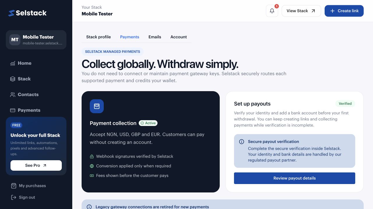 Selstack Payments settings showing payment collection and payout setup panels.