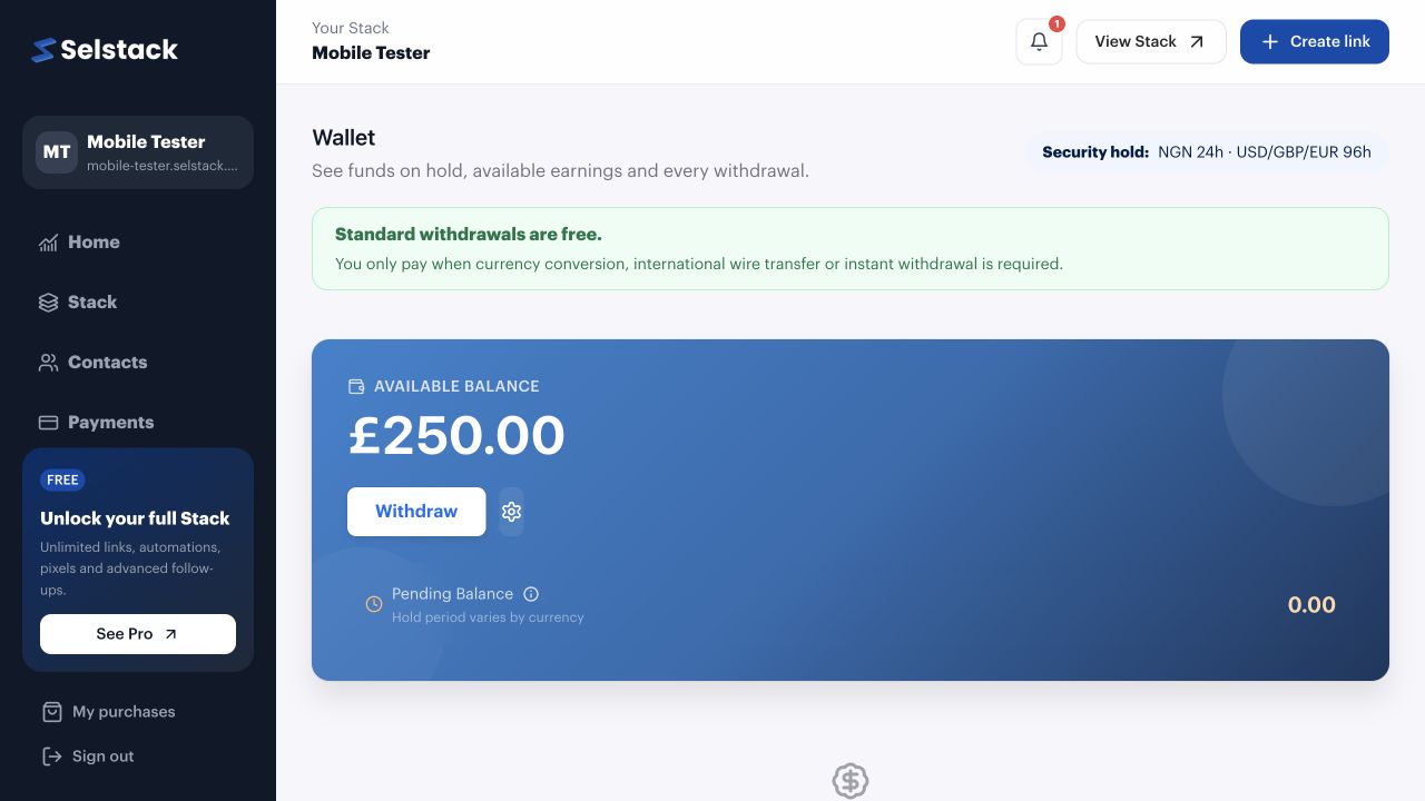 Selstack Wallet screen showing available balance, ledger balance and payout controls.