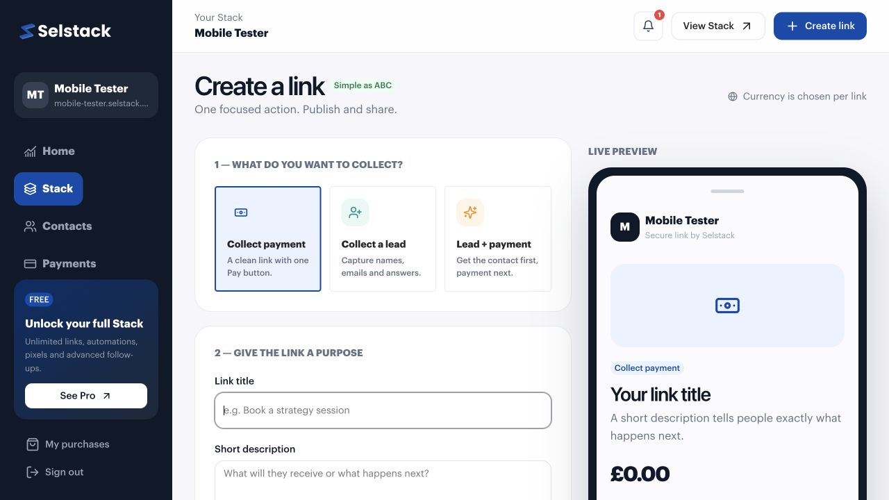 Selstack Create a link screen with Collect payment selected and a live preview.