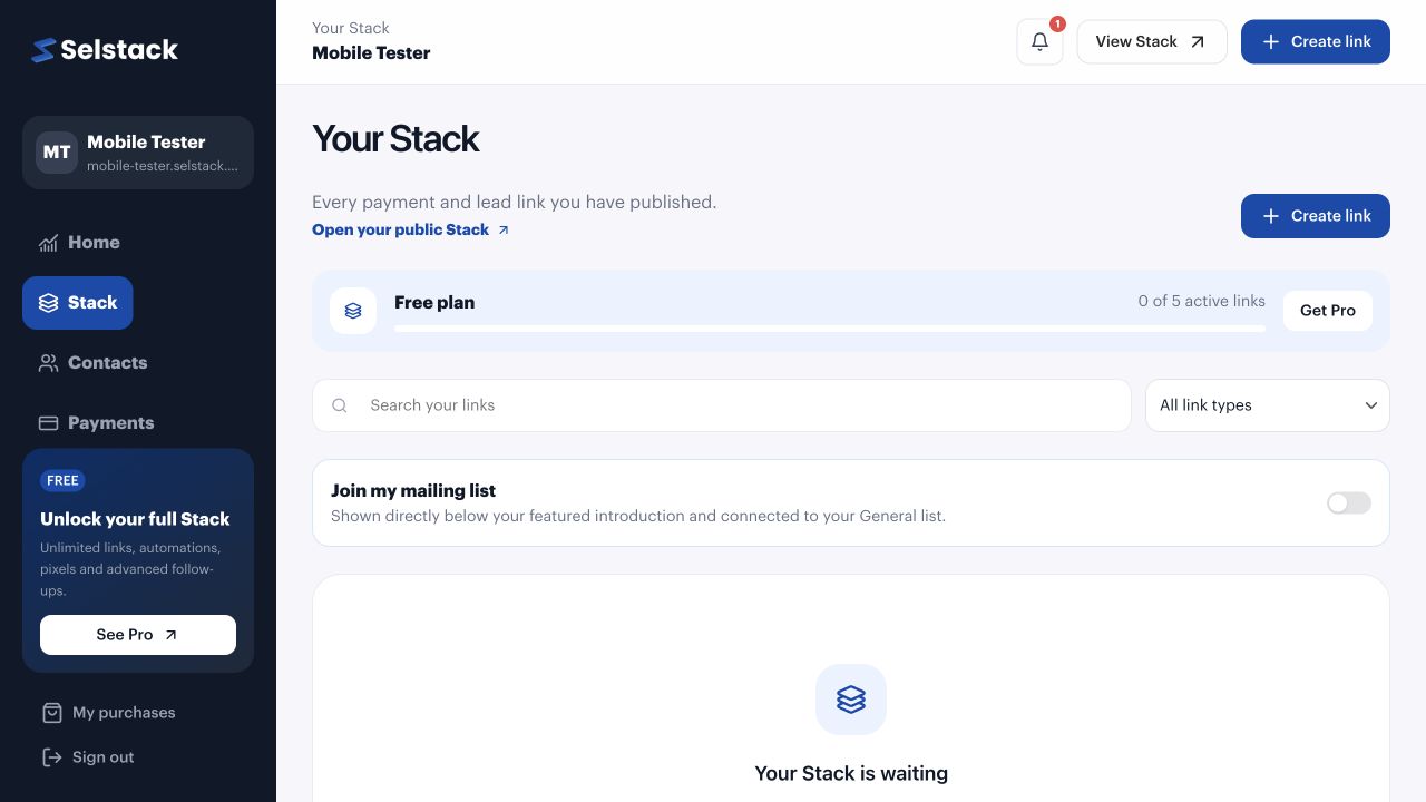 Selstack Stack management screen for creating and organising links.